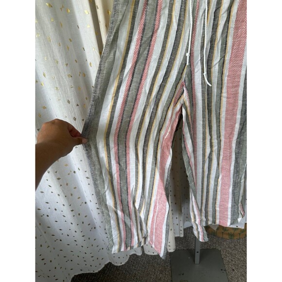 Indigo Rein Linen Blend Stripe Palazzo Wide Leg Pull On Smocked Back Midi Pants - Picture 3 of 5